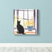 Kat in de vensterbank | Silhouet Waterverf Canvas Afdruk (Insitu (Houten vloer))