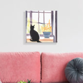 Kat in de vensterbank | Silhouet Waterverf Canvas Afdruk (Insitu (Woonkamer))