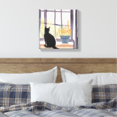 Kat in de vensterbank | Silhouet Waterverf Canvas Afdruk (Insitu (Slaapkamer))