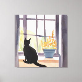 Kat in de vensterbank | Silhouet Waterverf Canvas Afdruk