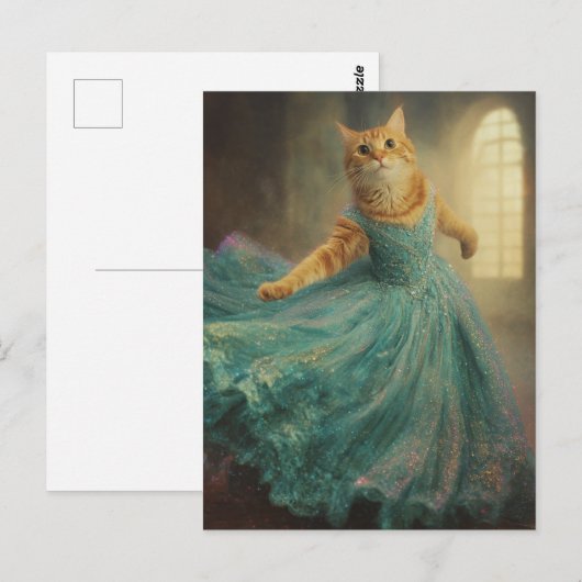 Kat in een blauwe jurk en dansen briefkaart (Voorkant / Achterkant)
