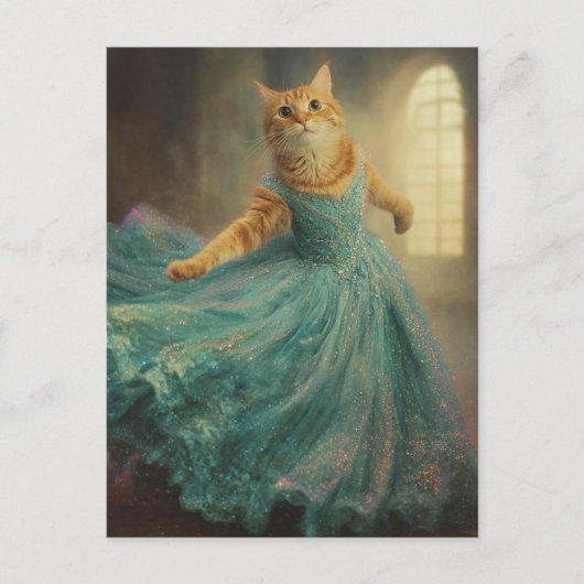Kat in een blauwe jurk en dansen briefkaart (Voorkant)