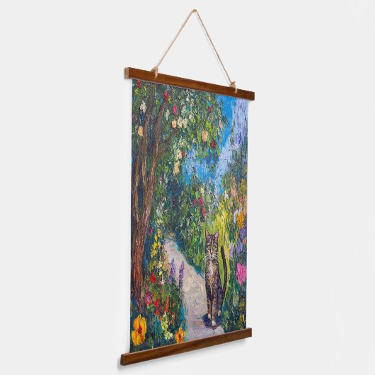 Kat in een bloementuin - impressionistische verf hangend wandkleed (Gebogen)