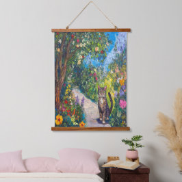 Kat in een bloementuin - impressionistische verf hangend wandkleed