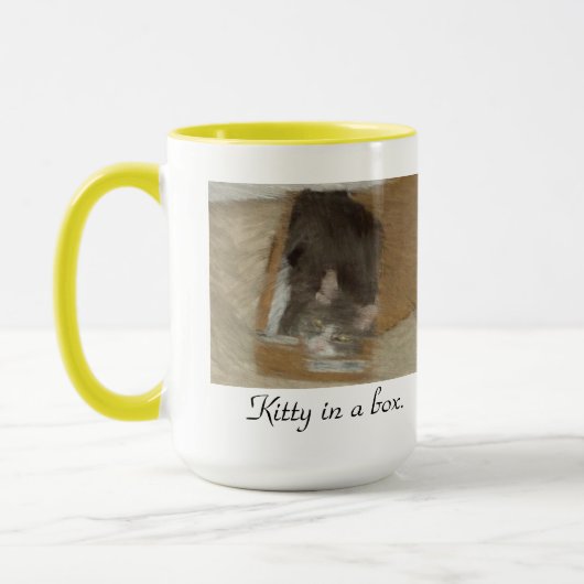 Kat in een doos. mok (Links)