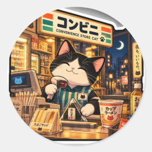 Kat in een Japanse nachtwinkel Ronde Sticker