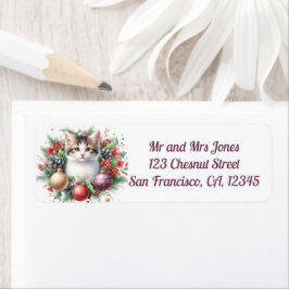 Kat in een kerst Bloemen Krans 5- Retouradres Etiket