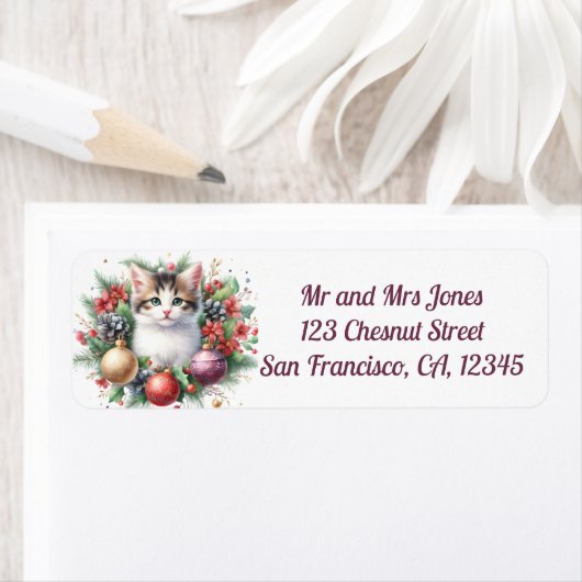 Kat in een kerst Bloemen Krans 5- Retouradres Etiket (Insitu)