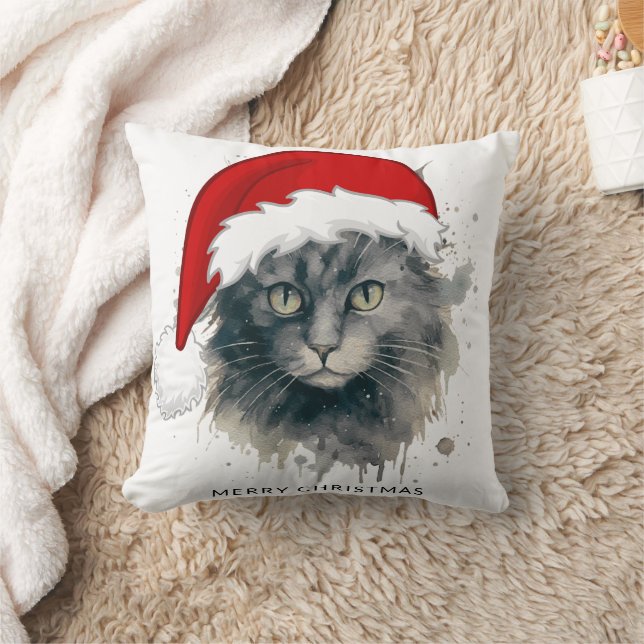 Kat in een kerstmuts Vrolijk Kerstfeest Kussen (Deken)