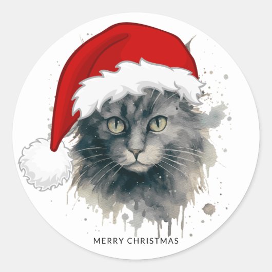 Kat in een kerstmuts Vrolijk Kerstfeest Ronde Sticker (Voorkant)
