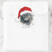 Kat in een kerstmuts Vrolijk Kerstfeest Ronde Sticker (Tas)