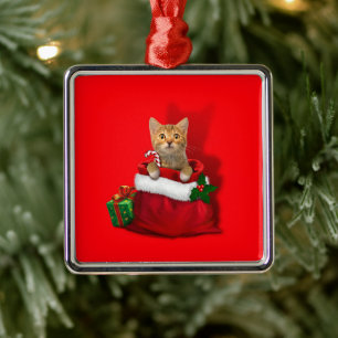 Kat in een kersttas metalen ornament