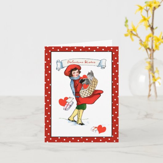 Kat in een mandje Valentijn Kaart (Gele Bloem)