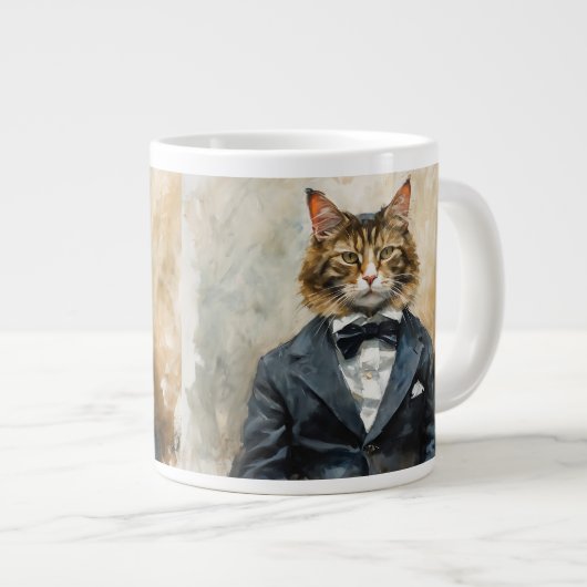 Kat in een pak grote koffiekop