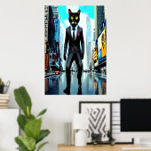Kat in een pak in de stad | AI Art Poster (Thuiskantoor)
