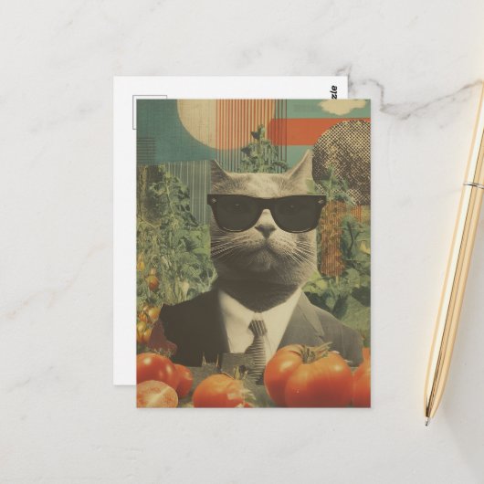 Kat in een pak in een tomatentuin briefkaart (Voorkant / Achterkant in situ)