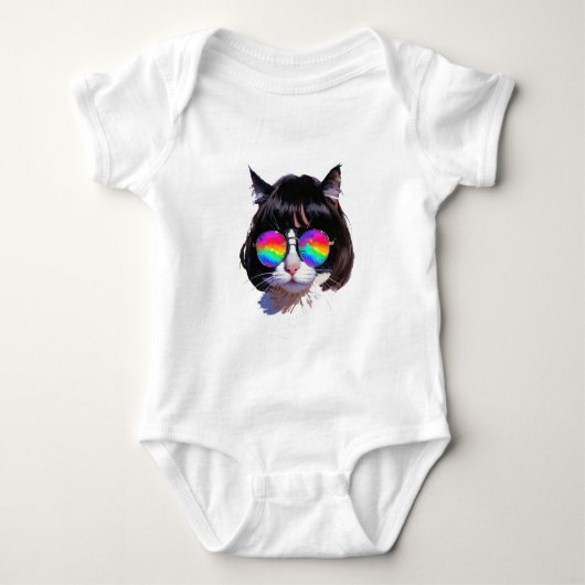 Kat in een Pruik + Zonnebril (Schilderij #1) Romper (Voorkant)