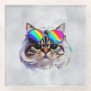 Kat in een Pruik + Zonnebril (Schilderij #3) Glazen Onderzetter