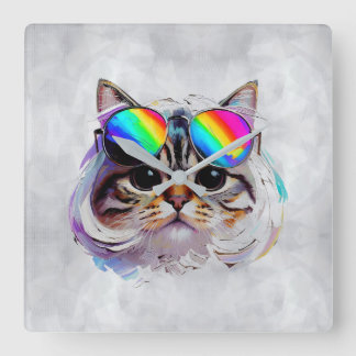 Kat in een Pruik + Zonnebril (Schilderij #3) Vierkante Klok