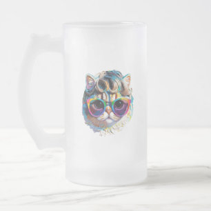 Kat in een Pruik + Zonnebril (Schilderij #4) Matglas Bierpul