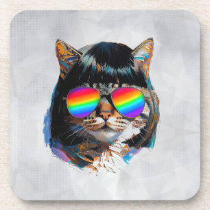 Kat in een Pruik + Zonnebril (Schilderij #5) Bier Onderzetter