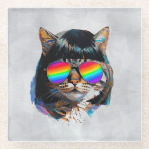 Kat in een pruik + zonnebril (schilderij #5) glazen onderzetter