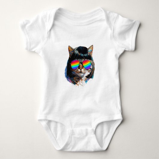Kat in een Pruik + Zonnebril (Schilderij #5) Romper (Voorkant)