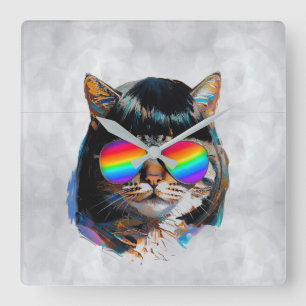 Kat in een Pruik + Zonnebril (Schilderij #5) Vierkante Klok