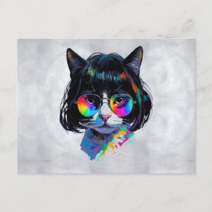 Kat in een Pruik + Zonnebril (Schilderij #6) Briefkaart
