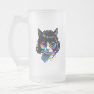 Kat in een Pruik + Zonnebril (Schilderij #6) Matglas Bierpul
