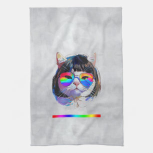Kat in een Pruik + Zonnebril (Schilderij #7) Theedoek