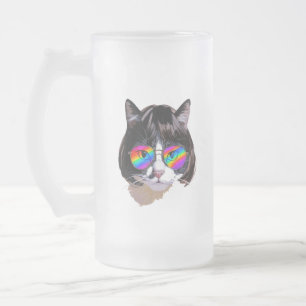 Kat in een Pruik + Zonnebril (Schilderij #8) Matglas Bierpul