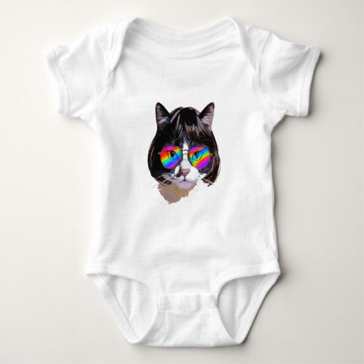 Kat in een Pruik + Zonnebril (Schilderij #8) Romper (Voorkant)