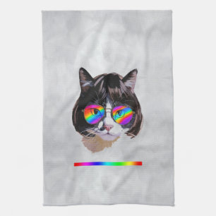 Kat in een Pruik + Zonnebril (Schilderij #8) Theedoek