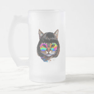 Kat in een Pruik + Zonnebril (Schilderij #9) Matglas Bierpul