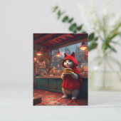 Kat in een rode mantel met een cheeseburger briefkaart (Staand voorkant)