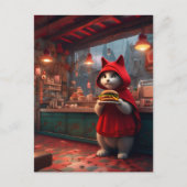 Kat in een rode mantel met een cheeseburger briefkaart (Voorkant)