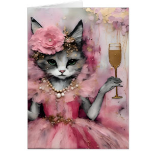 Kat in een roze jurk met een gouden Drink