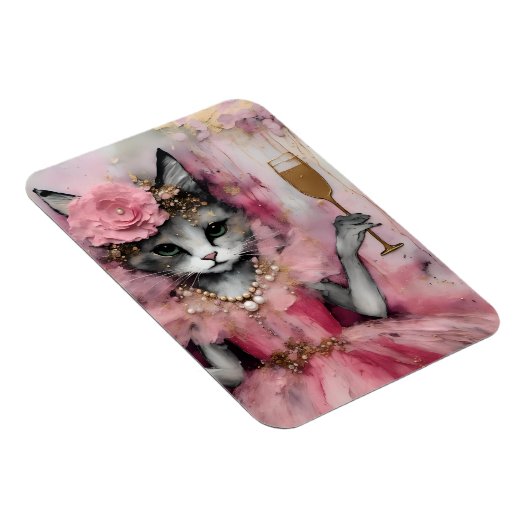 Kat in een roze jurk met een gouden Drink Magneet (Rechterzijde)