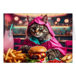 Kat in een roze regenjas in het restaurant voor al