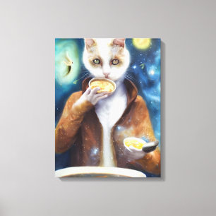 Kat in een springpak die soep uit melkwegstelsels canvas afdruk
