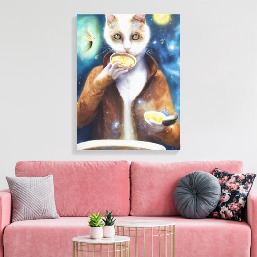 Kat in een springpak die soep uit melkwegstelsels canvas afdruk (Insitu (Woonkamer))
