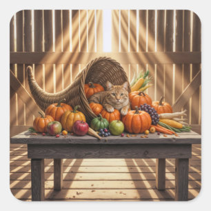 Kat in een Thanksgiving-overvloedhoorn Vierkante Sticker