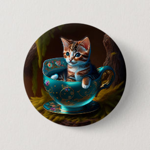 Kat in een theekopje   Kitten in een Teacup Kat Ronde Button 5,7 Cm
