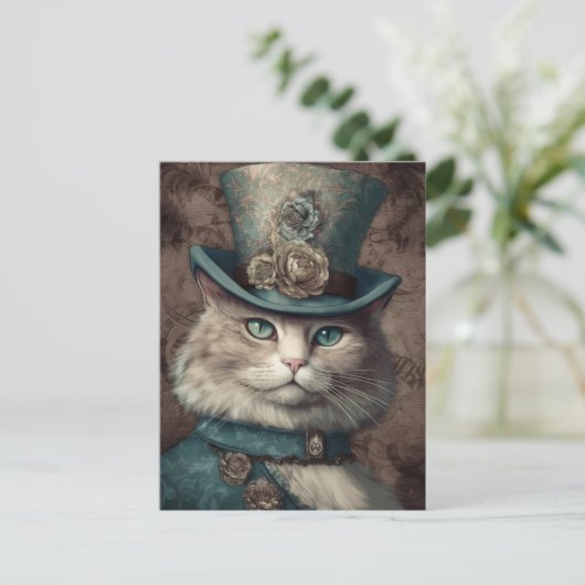 Kat in een Tophat Steampunk  Briefkaart (Staand voorkant)