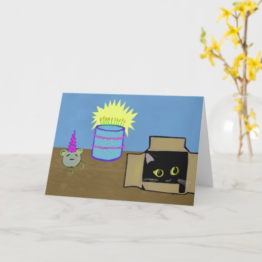Kat in een Verjaardag van de Partij van de Doos Kaart (Gele Bloem)