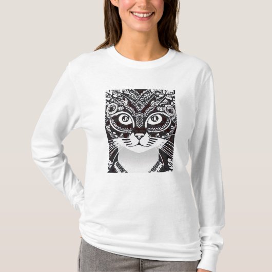 Kat in een Zwart & Wit Mardi Gras Mask lange mouw T-shirt (Voorkant)