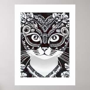 Kat in een zwart-wit Mardi Gras masker Poster