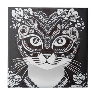 Kat in een zwart-wit Mardi Gras masker Tegeltje