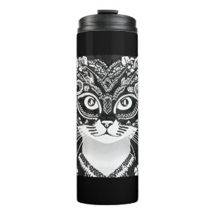 Kat in een zwart-wit Mardi Gras masker Thermosbeker